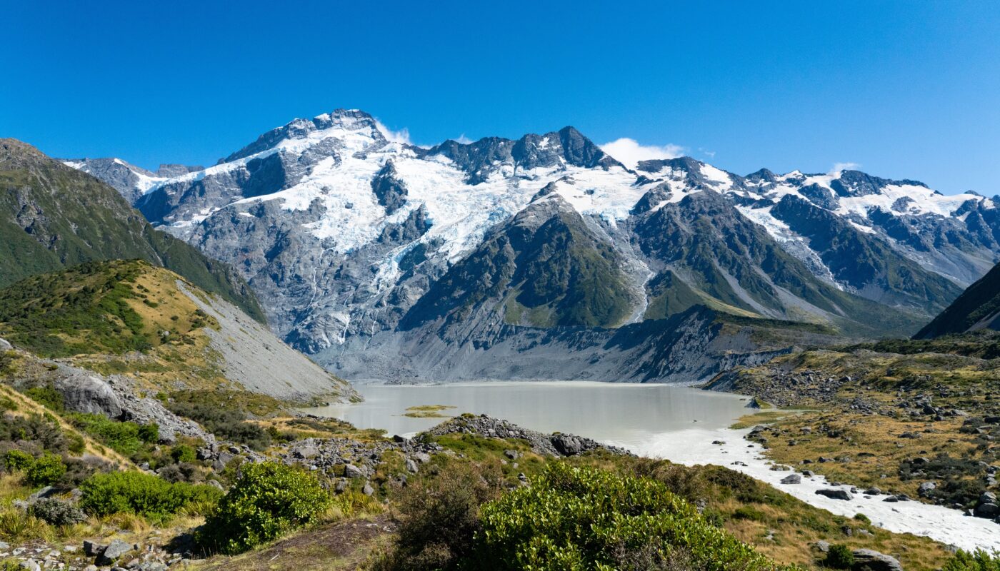 https://www.pexels.com/photo/snowy-mountains-and-lake-on-sunny-day-3975093/